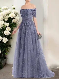 A-Line/Princess Off-the-Shoulder Short Sleeves Sequins Prom Dresses — view 4
