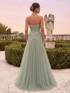 Trumpet/Mermaid Strapless Sleeveless Floor-Length Evening Dresses with Applique & Lace — view 2