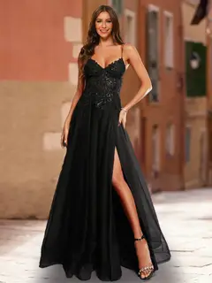A-Line/Princess V-Neck Sleeveless Sequins Prom Dresses — LV35669506 — view 1