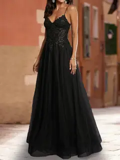 A-Line/Princess V-Neck Sleeveless Sequins Prom Dresses — LV35669506 — view 3