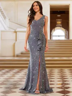 Shiny Trumpet/Mermaid V-Neck Sleeveless Ruched Evening Dresses with Split Side — view 1