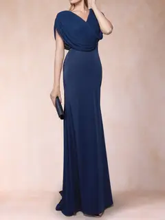 Trumpet/Mermaid V-Neck Short Sleeves Pleated Mother of the Bride Dresses with Rhinestone — view 3