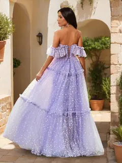 A-Line/Princess Off-the-Shoulder Sheer Corset Ruffled Tulle Prom Dresses with Polka Dots — view 2