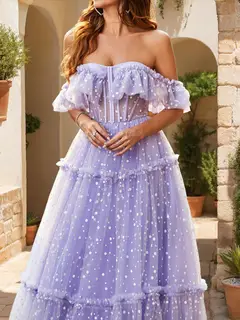 A-Line/Princess Off-the-Shoulder Sheer Corset Ruffled Tulle Prom Dresses with Polka Dots — view 3