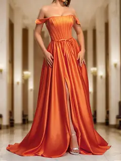 A-Line/Princess Off-the-Shoulder Long Prom Dresses with Split Side — view 3