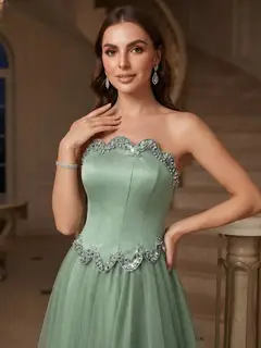 A-Line/Princess Strapless Sleeveless Floor-Length Evening Dresses with Rhinestone — view 3