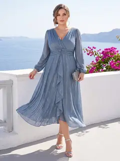 A-Line/Princess Crossover V-Neck Long Sleeves Ruffled Plus Size Evening Dresses — view 1