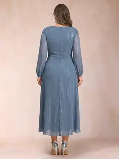 A-Line/Princess Crossover V-Neck Long Sleeves Ruffled Plus Size Evening Dresses — view 2