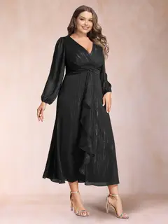 A-Line/Princess Crossover V-Neck Long Sleeves Ruffled Plus Size Evening Dresses — view 3