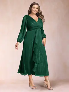 A-Line/Princess Crossover V-Neck Long Sleeves Ruffled Plus Size Evening Dresses — view 5