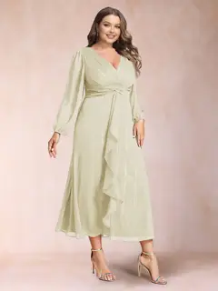 A-Line/Princess Crossover V-Neck Long Sleeves Ruffled Plus Size Evening Dresses — view 6