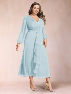 A-Line/Princess Crossover V-Neck Long Sleeves Ruffled Plus Size Evening Dresses — view 7