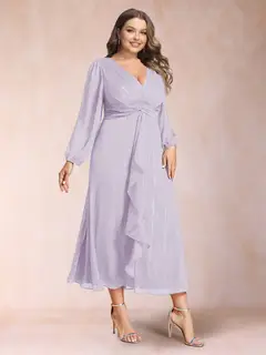 A-Line/Princess Crossover V-Neck Long Sleeves Ruffled Plus Size Evening Dresses — view 10