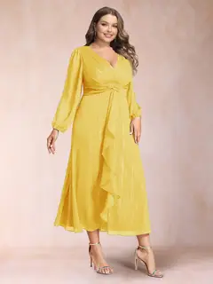 A-Line/Princess Crossover V-Neck Long Sleeves Ruffled Plus Size Evening Dresses — view 12