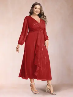 A-Line/Princess Crossover V-Neck Long Sleeves Ruffled Plus Size Evening Dresses — view 16