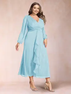 A-Line/Princess Crossover V-Neck Long Sleeves Ruffled Plus Size Evening Dresses — view 17