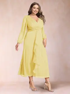 A-Line/Princess Crossover V-Neck Long Sleeves Ruffled Plus Size Evening Dresses — view 19