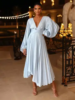A-Line/Princess V-Neck Long Sleeves Tea-Length Evening Dresses with Ruched — view 1