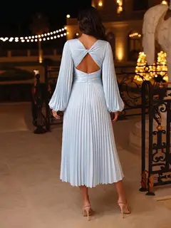 A-Line/Princess V-Neck Long Sleeves Tea-Length Evening Dresses with Ruched — view 2