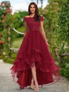 A-Line/Princess Off-the-Shoulder Short Sleeves Tiered Prom Dresses — view 1