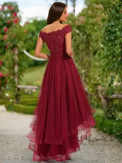 A-Line/Princess Off-the-Shoulder Short Sleeves Tiered Prom Dresses — view 2