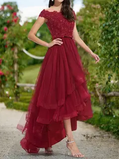 A-Line/Princess Off-the-Shoulder Short Sleeves Tiered Prom Dresses — view 3