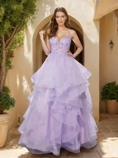 Ball Gown V-Neck Sleeveless Floor-Length Tiered Prom Dresses With Appliques — view 1
