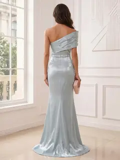 Trumpet/Mermaid One-Shoulder Asymmetric Floor-Length Evening Dresses with Ruched & Beading — view 2