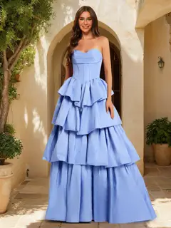 A-Line/Princess Sweetheart Ruffle Tiered Basque Waist Prom Dresses with Ruched — view 1
