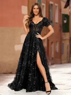 A-Line/Princess V-Neck Puff Sleeves Split Side Prom Dresses — view 1