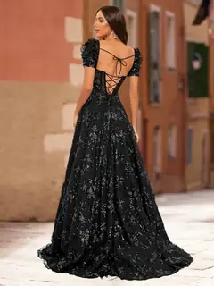 A-Line/Princess V-Neck Puff Sleeves Split Side Prom Dresses — view 2