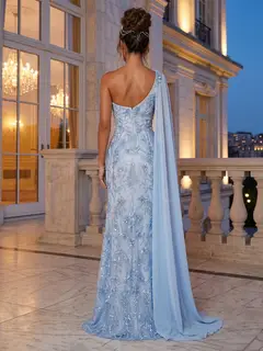 Trumpet/Mermaid One-Shoulder Sleeveless Long Evening Dresses with Appliques & Split Side — view 2
