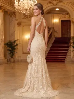 Trumpet/Mermaid Halter Sleeveless Applique Prom Dresses — view 2