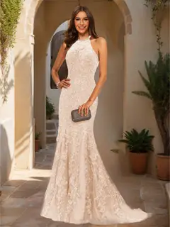 Trumpet/Mermaid Halter Sleeveless Applique Prom Dresses — view 4