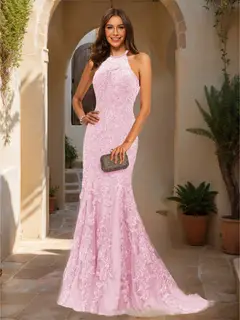 Trumpet/Mermaid Halter Sleeveless Applique Prom Dresses — view 5