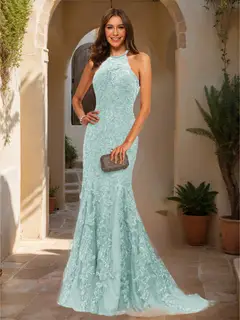 Trumpet/Mermaid Halter Sleeveless Applique Prom Dresses — view 6