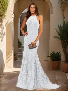 Trumpet/Mermaid Halter Sleeveless Applique Prom Dresses — view 9