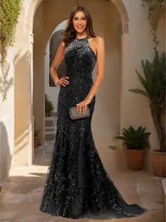 Trumpet/Mermaid Halter Sleeveless Applique Prom Dresses — view 10