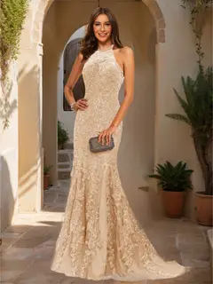 Trumpet/Mermaid Halter Sleeveless Applique Prom Dresses — view 12