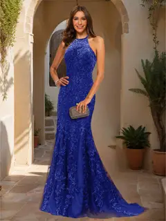 Trumpet/Mermaid Halter Sleeveless Applique Prom Dresses — view 13