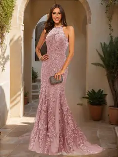Trumpet/Mermaid Halter Sleeveless Applique Prom Dresses — view 14