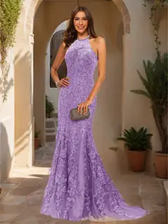 Trumpet/Mermaid Halter Sleeveless Applique Prom Dresses — view 15