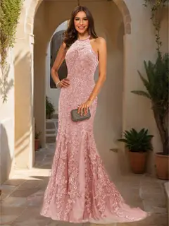 Trumpet/Mermaid Halter Sleeveless Applique Prom Dresses — view 16