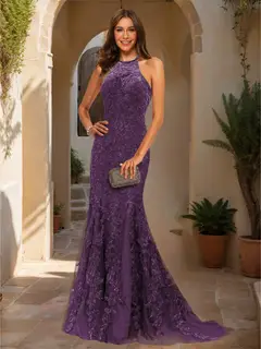 Trumpet/Mermaid Halter Sleeveless Applique Prom Dresses — view 17