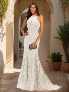 Trumpet/Mermaid Halter Sleeveless Applique Prom Dresses — view 18