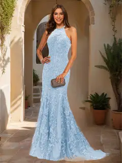 Trumpet/Mermaid Halter Sleeveless Applique Prom Dresses — view 19