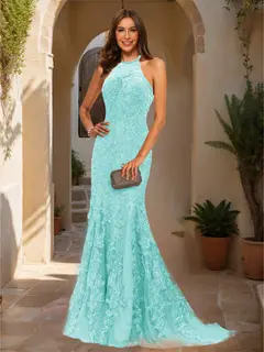 Trumpet/Mermaid Halter Sleeveless Applique Prom Dresses — view 20