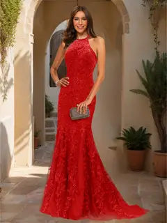 Trumpet/Mermaid Halter Sleeveless Applique Prom Dresses — view 22
