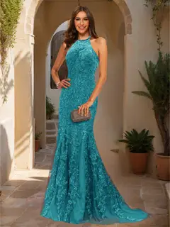 Trumpet/Mermaid Halter Sleeveless Applique Prom Dresses — view 23