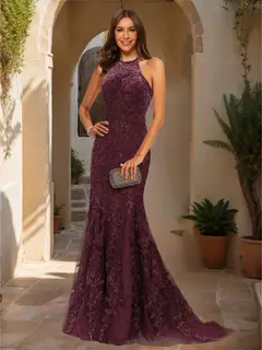 Trumpet/Mermaid Halter Sleeveless Applique Prom Dresses — view 25